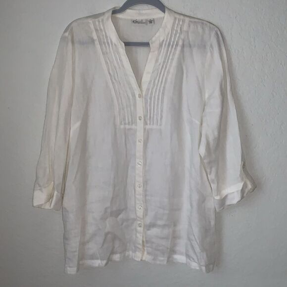 Kim Roger’s Linen Cuffed 3/4 Sleeve White Blouse Buttons Closure Size XL - Picture 1 of 7